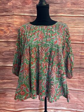 Green Floral Peasant Tunic Top - Boho Women's Blouse | Size Small